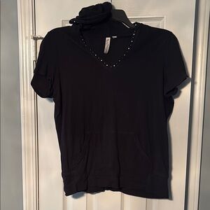 Tees 2 Please Black Rhinestone Studded V-Neck Short Sleeve Hoodie Top w/ pocket